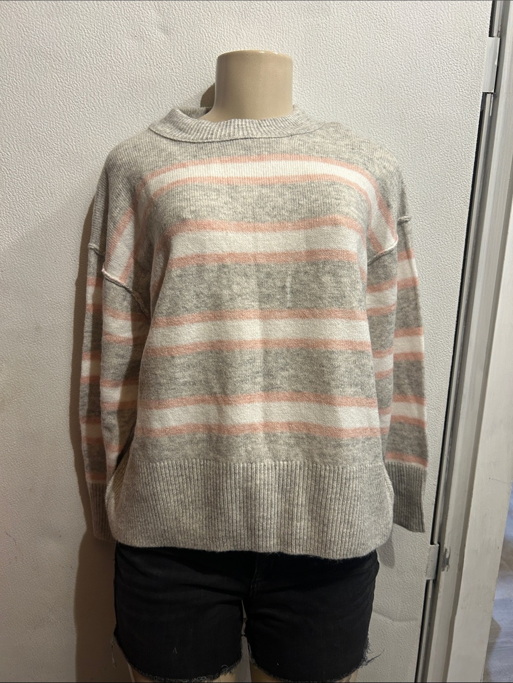 Soho Crewneck Sweater in Gray, White & Light Pink Stripes
